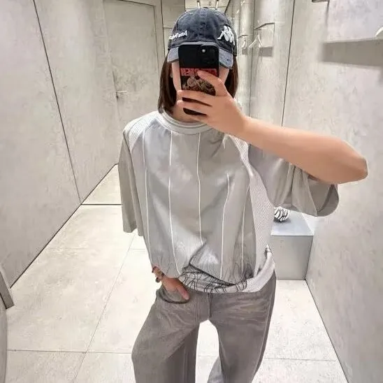 

Jennie Park Hyo Yun AC Style Striped Patchwork Mesh Collaborative Vintage Woven Short Sleeve Baseball T-Shirt Tee