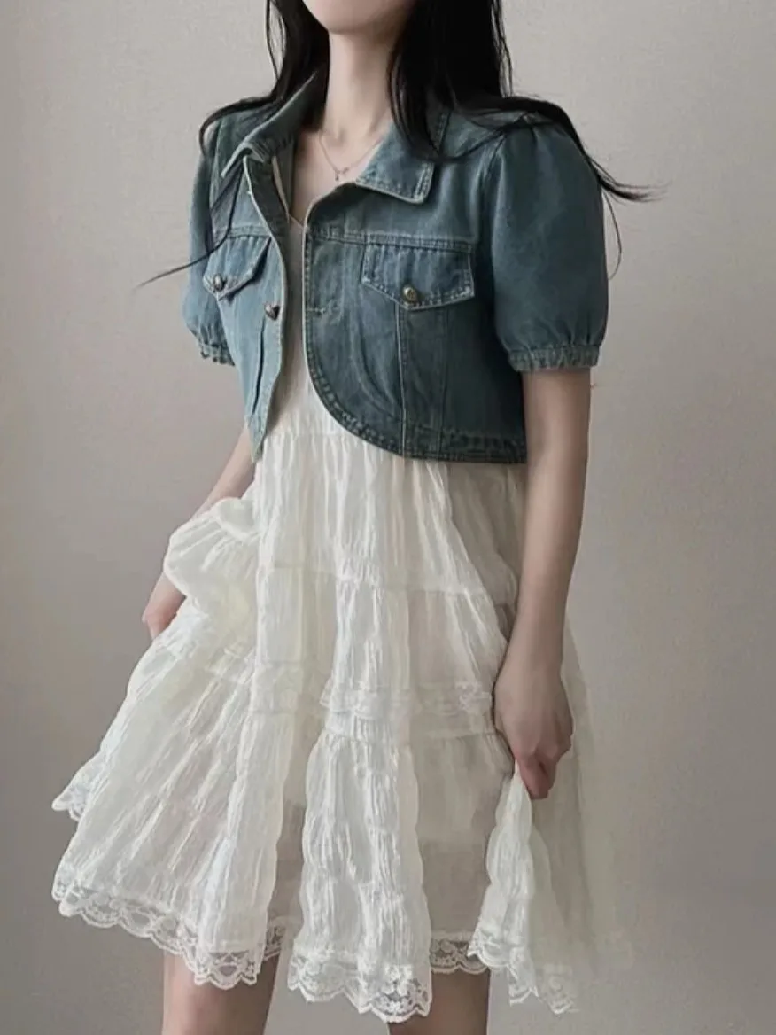 Chic Summer Sweet Fairylike Pleated Lace Strap Dr + Denim ort Sve ort Jaet Two Piece Set Women's Faion Ensemble