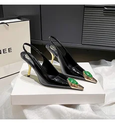 Star style Gemstone Metal Toe Patent Leather Women Pumps Fashion Stiletto High heels Spring Autumn Slingbacks Party Dress Shoes