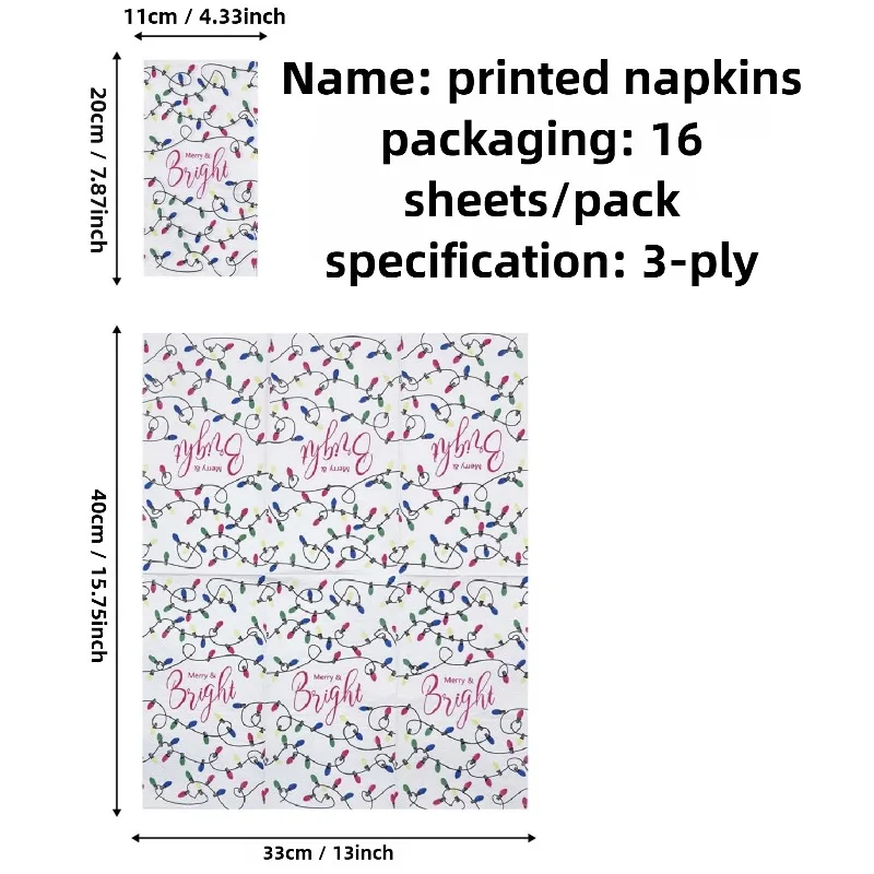 16 قطعة 33*40 سنتيمتر 3-layer عيد الميلاد تحت عنوان المناديل أضواء النيون الملونة ، قاعدة بيضاء المتاح ورقة المفارش DIY Decoupage ورقة