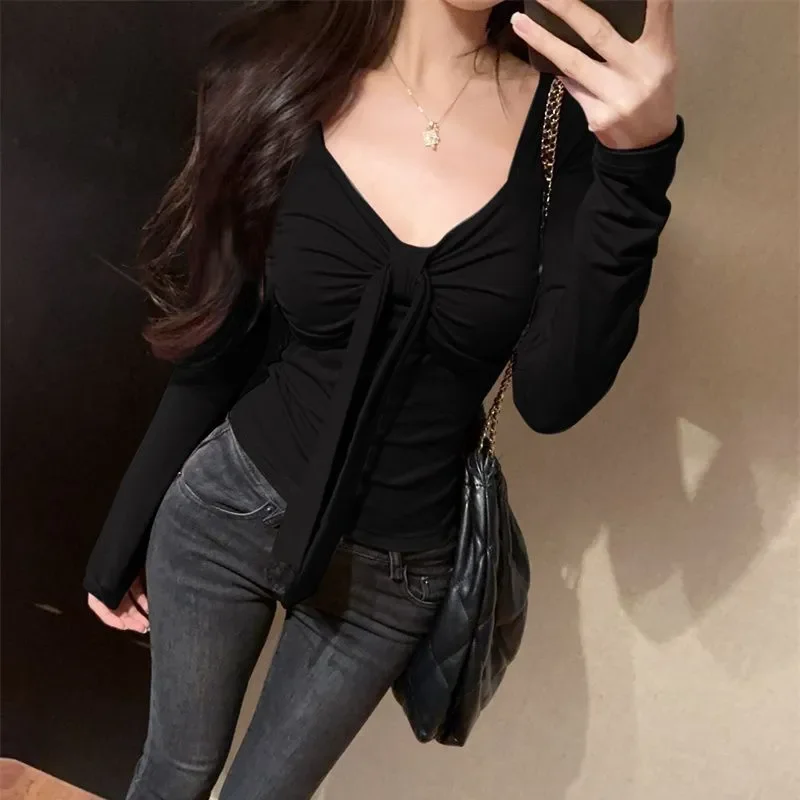 Hot Girl Bow Tie Long Sleeve T-Shirt Women's Slim Fit Design Bottoming Pure Desire Top