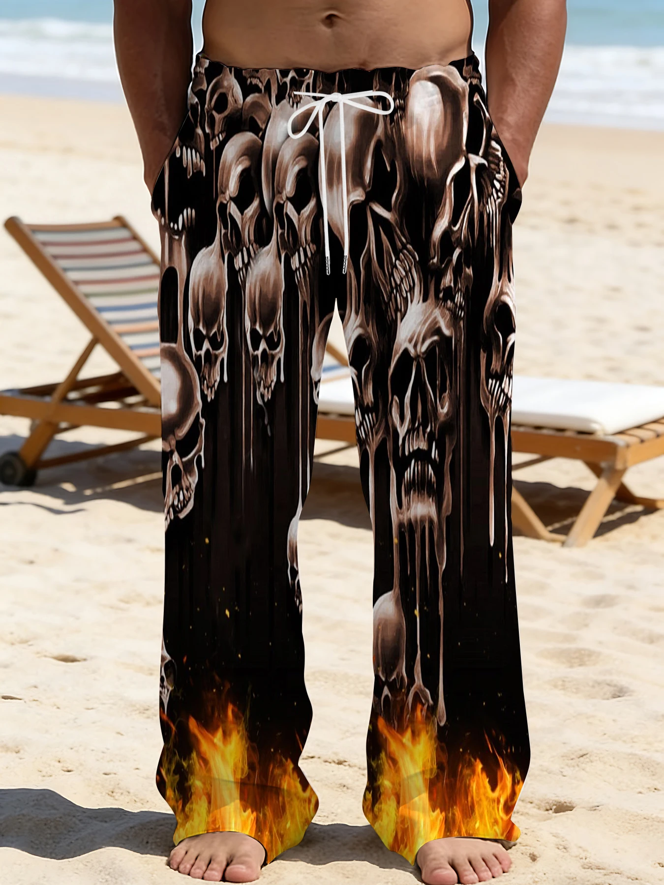 

2026 Men's Printed Straight Leg Pants Drawstring Waist Loose Fit Casual Summer Beach Wear Fashion Trendy Trousers