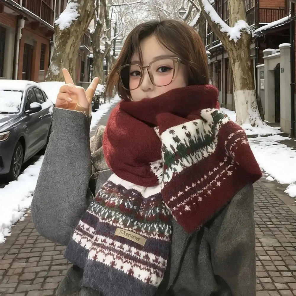 Cozy Fair Isle Pattern Patchwork Scarf Thicken Keep Warm Women's Scarf Vintage Design Knit Scarf For Women