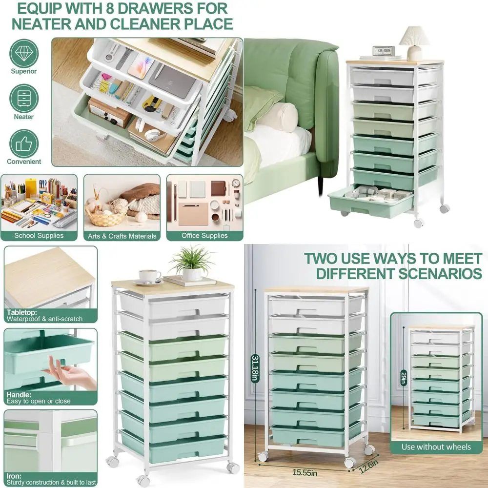 

8-Drawer Storage Cart with White Drawers and Wooden Top for Classroom and Office Organization in Green