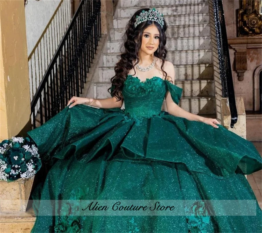 

Блестящее изумрудно-зеленое милое платье Quinceanera с открытыми плечами для девочек, аппликации из бисера, Vestidos De 15, Quinceanera по индивидуальному заказу
