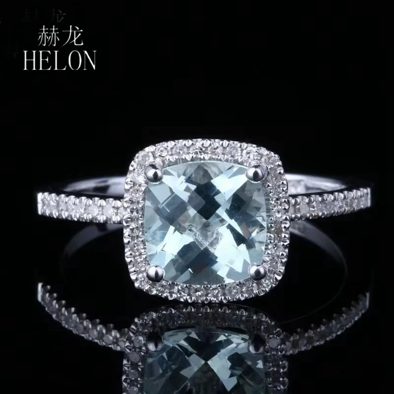 HELON 925 Sterling Silver 7x7mm Cushion Natural Aquamarine Engagment Wedding Ring for Women Real Diamonds Fine Jewelry Setting