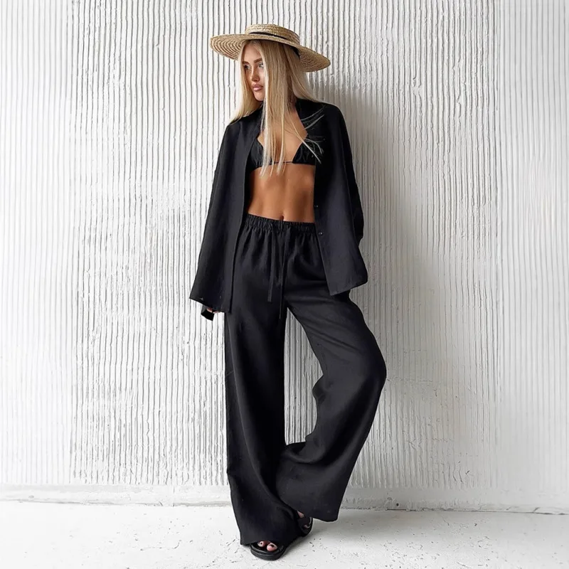 Spring Summer New Arrival Loose-Fit Long-Sleeved Cotton Shirt Casual Elastic-Waist Trousers Fashion Women's Shirt Two-Piece Set