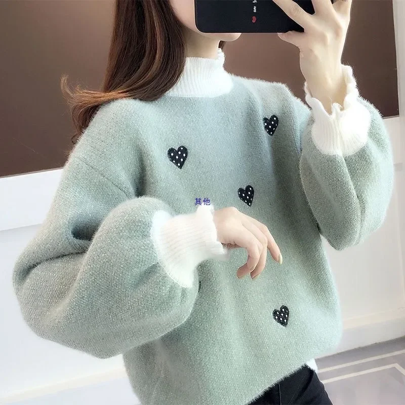 Autumn Winter New Style Student Girls' Clothing Ice Silk Fabric Loose Thickened Half High Collar Women's Knitted Sweater