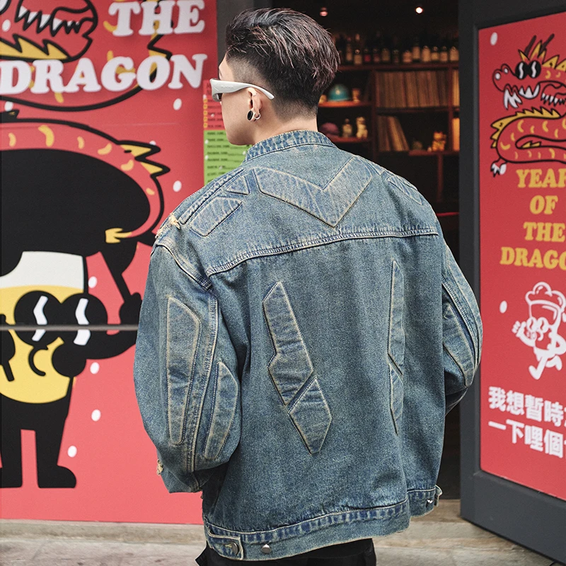 

American trend loose men's denim jacket personalized 3D embroidery holes washed high street hip-hop Slim zipper tops