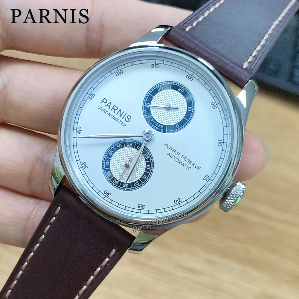 Parnis 42.5mm Power Reserve White Dial Automatic ST2542 Movement Men's Wristwatch