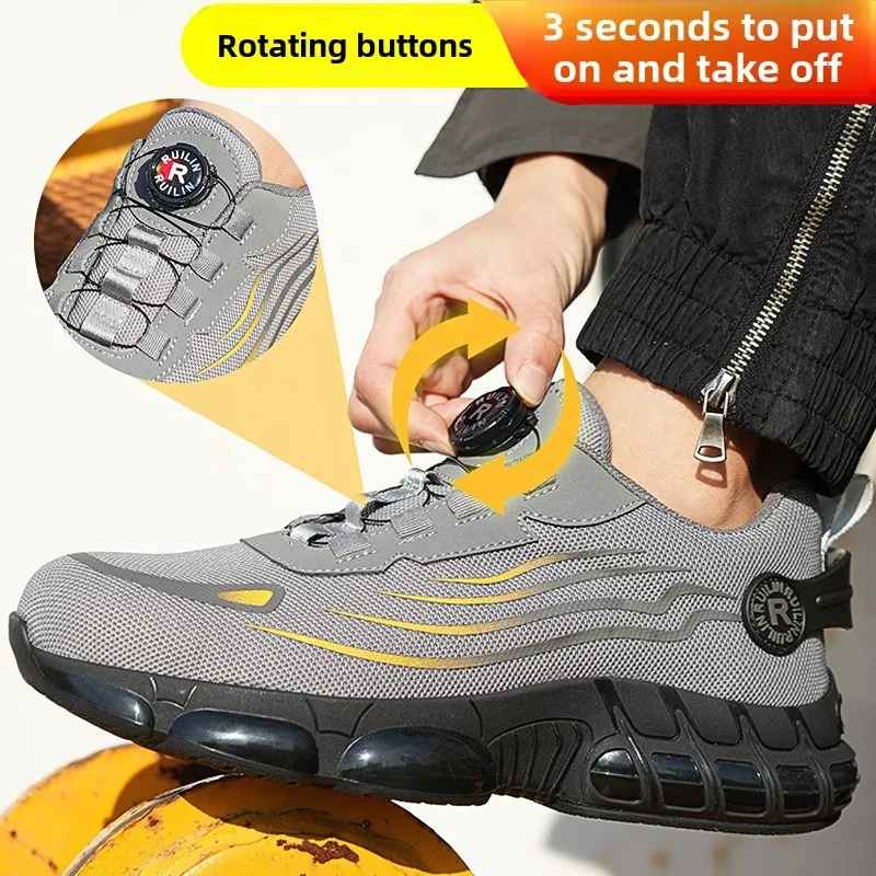 Men's Rotating Button Safety Shoes Steel Toe Puncture Proof Non Slip Work Sneakers Breathable Design Durable Rotating Buckle