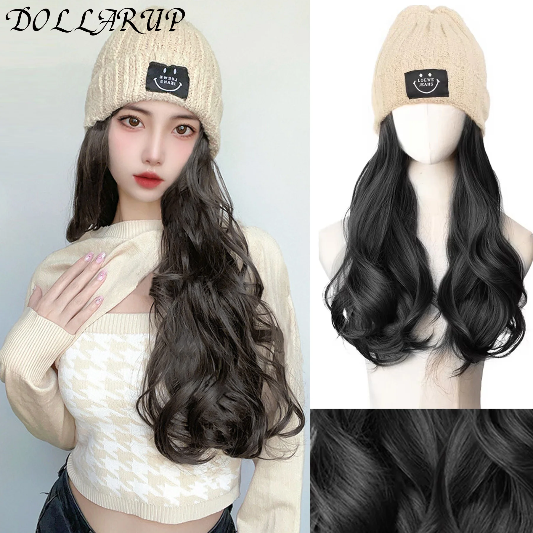 DOLL Off White Hat Wig Beanies Hat With Hair Wigs For Women Synthetic Long curly hair Warm Ski Plush Knitted Autumn Winter Cap