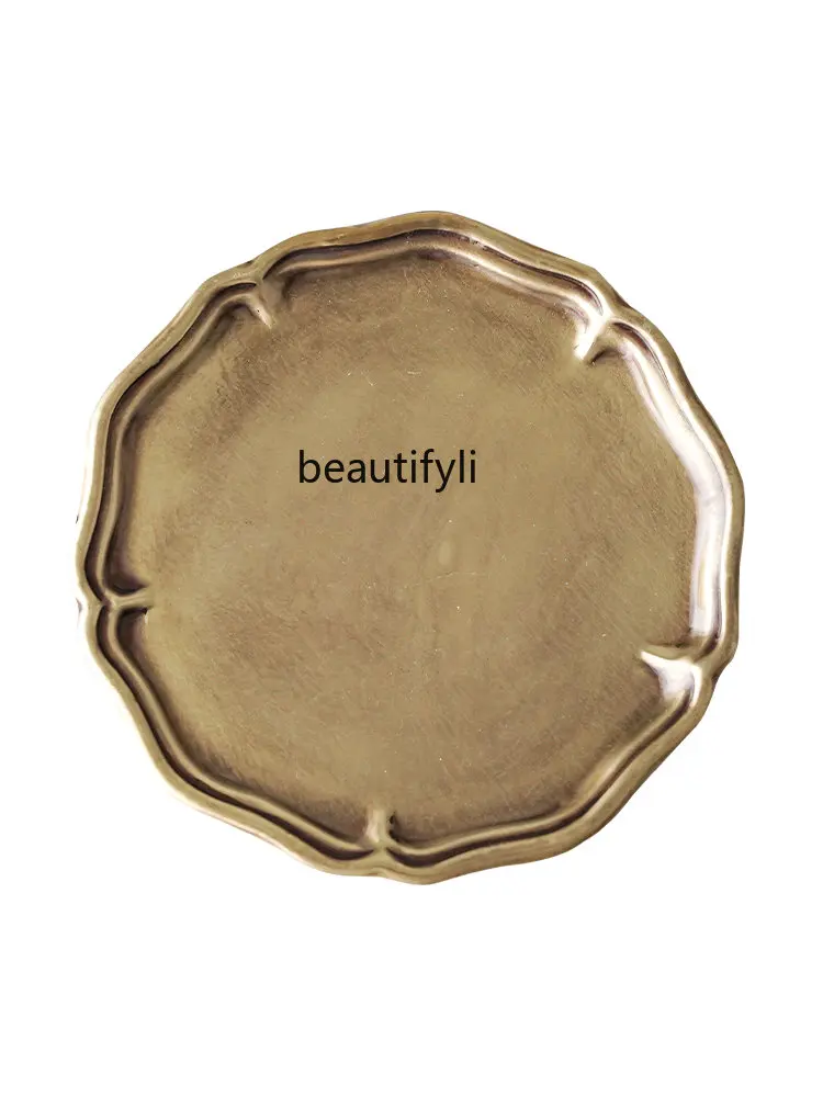 

zq French Retro Small Tray Brass Distressed round Aromatherapy Tray Hallway Jewelry Storage Tray