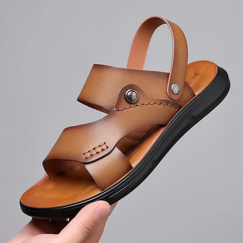 Summer Designer Men Patent Leather Sandals Hook & Loop Outside Men Cow Leather Slippers Soft-soled Male Casual Sandals Non-slip