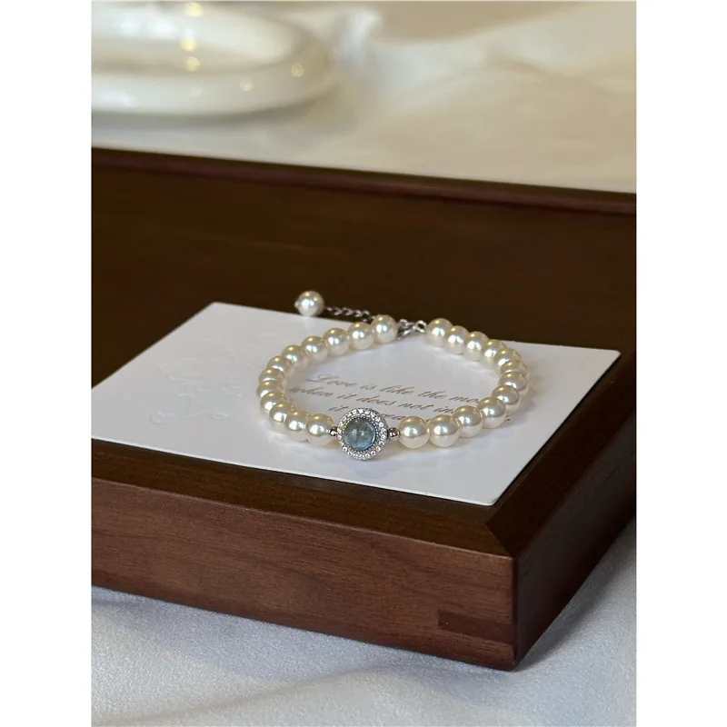 

S925 Sterling Silver Aquamarine Pearl Bracelet Minimalist Elegant Delicate French Style for Women Gifts