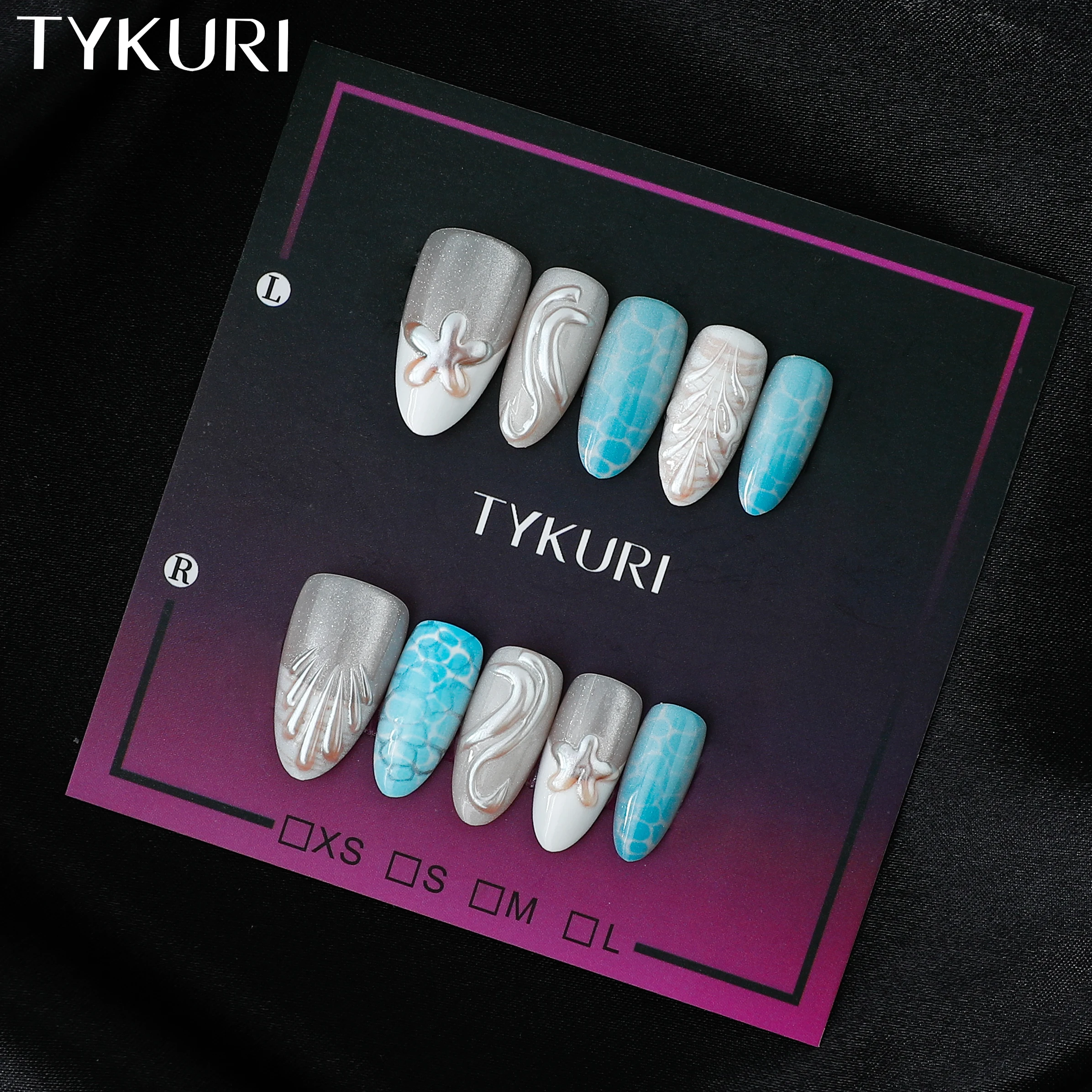 

Набор накладных ногтей TYKURI Almond Press On Nails, цвет «Свежий океан», с белым глиттером и волнистым дизайном, с клеем-желе, для женщин.