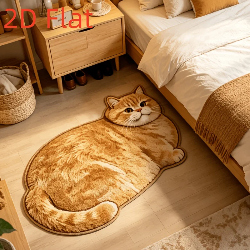 VIKAMA Lazy Orange Tabby Cat Shaped Irregular Carpet 2D Printed Non Slip Washable Bedroom Entryway Floor Rug