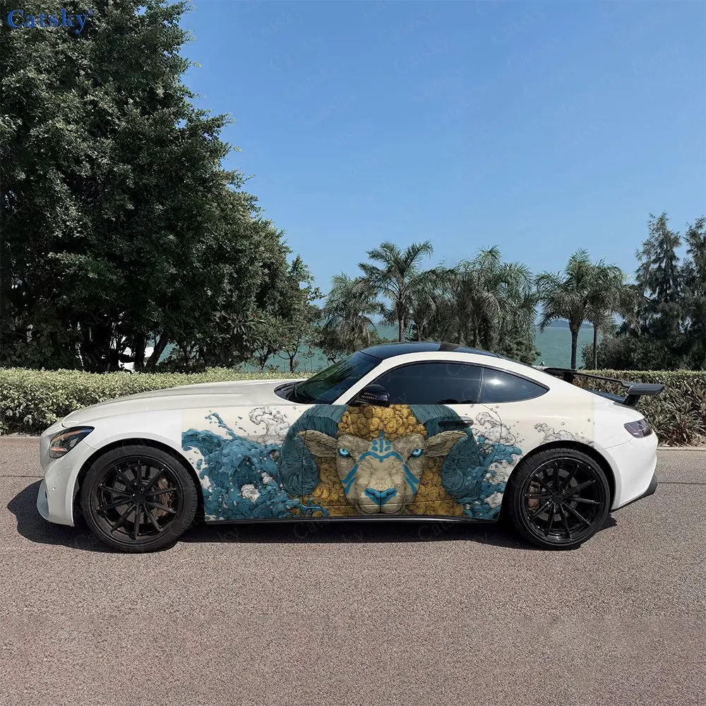 

2pcs Ram Golden Horn Wave Painting , Fade-resistant, Enhance Vehicle Aesthetics With Bold Artistic Design Car Vinyl Wraps