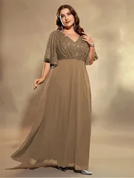 Plus Size  4xl5xl Big Size Wedding Banquet Luxury Floor-Length Evening Dress Chiffon V-Neck Sequined Bridesmaid Evening Dress