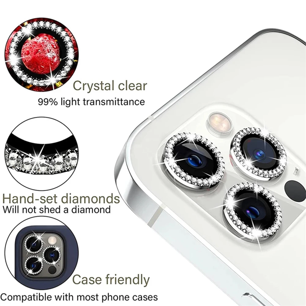 Protección de cámara con purpurina de diamante para Iphone, lente de vidrio templado para Iphone 16, 15, 14, 13, 11 Pro Max Plus, 13, 11 Pro Max, anillo de Metal