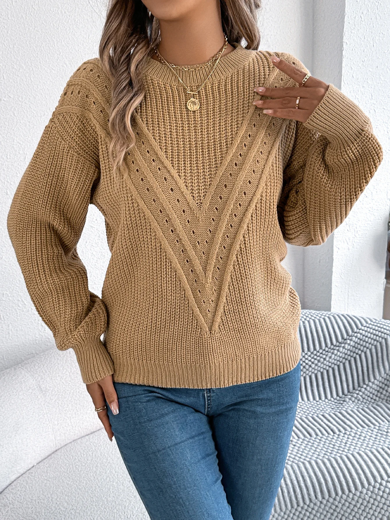 

2024 Autumn Winter Women Casual Sweater Solid V Hollow Out Lantern Full Sleeve Ins Hot Sell Fashion Knitted