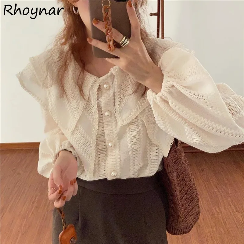 

Solid Shirts Women Spring Sweet Girls Simple All-match Daily Leisure Hollow Out Lantern Sleeve Designed Button Ulzzang Gentle