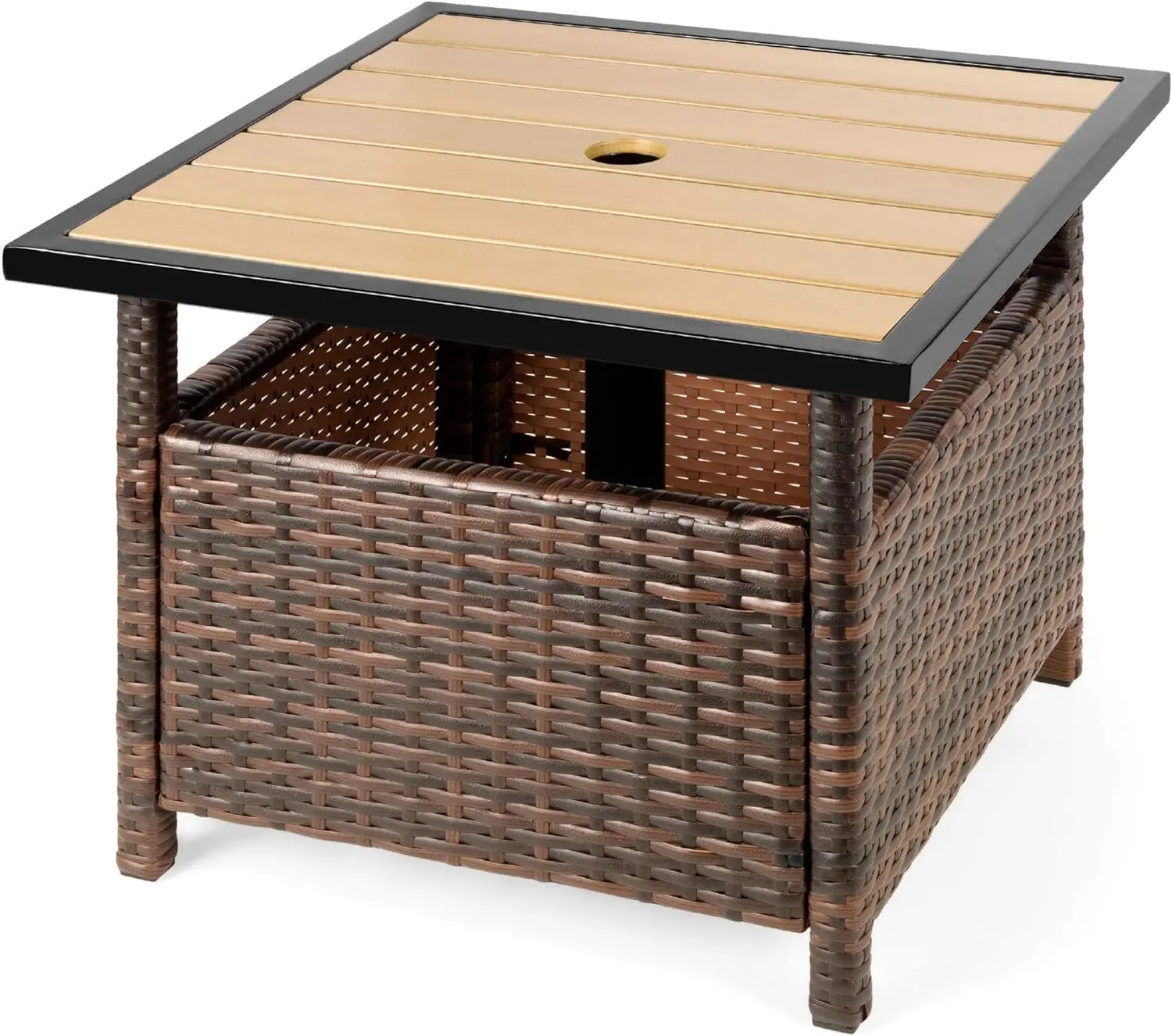 Rieten Bijzettafel Met Paraplu-Gat, Vierkante Pe Rotan Buitenbijtafel Voor Patio, Tuin, Zwembad, Dek W/UV-Bestendig Frame