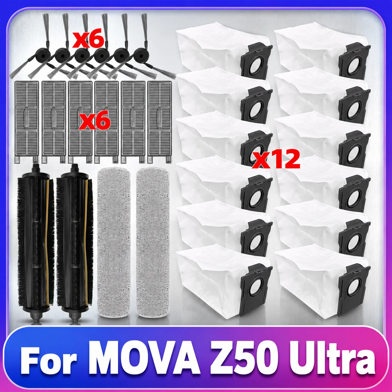 Kompatibel für MOVA Z50 Ultra Ersatz Hauptseitenbürste HEPA-Filter Mopp Pad Staubbeutel Ersatzteile Zubehör