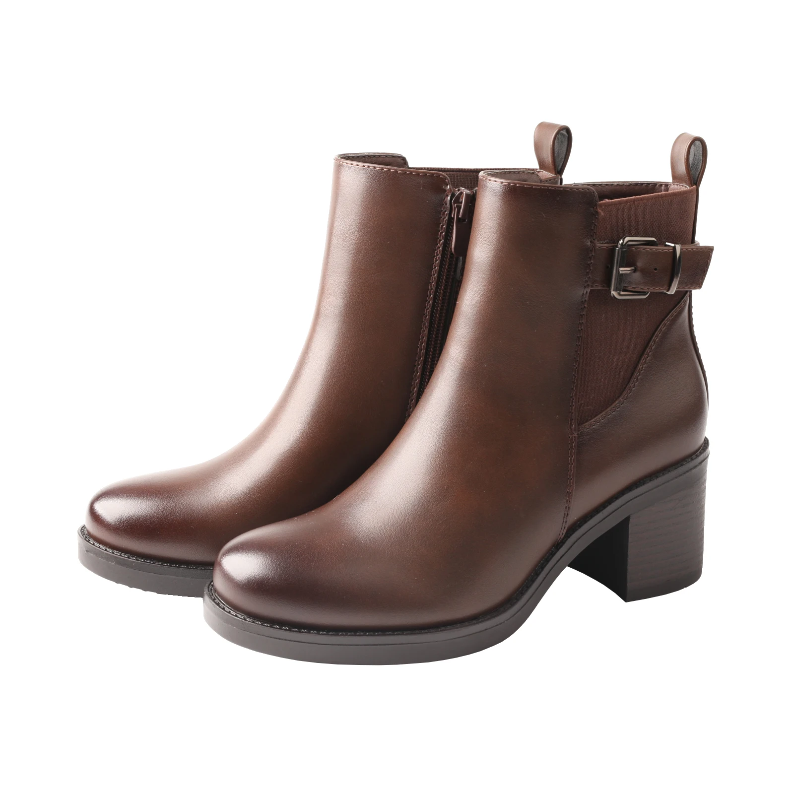 Round Toe Side Zip High-heeled Thick Soled Women's Leather PU Solid Color Classic Ankle Boots