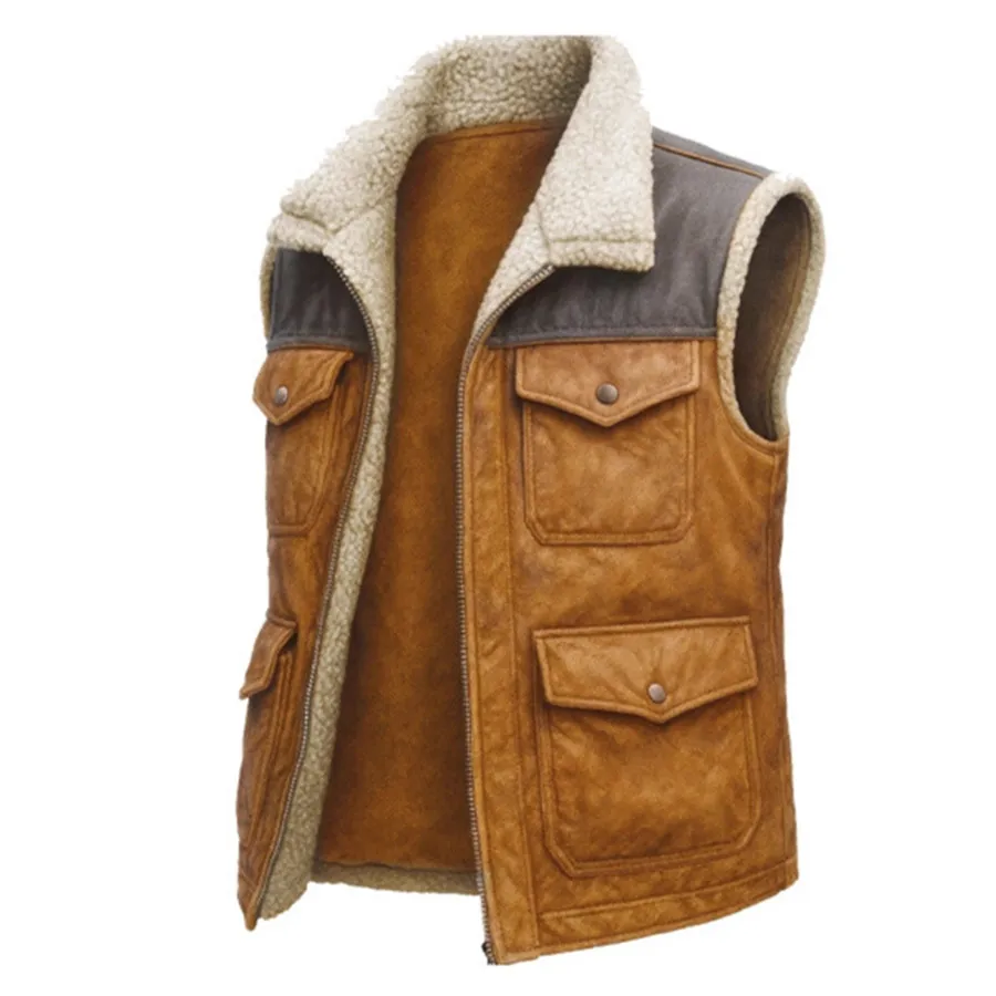 Patchwork Men's Fleece Vest Spring Autumn Four Pockets Sleeveless Jacket Men Waistcoat Casual Flock Coat Male Retro Streetwear