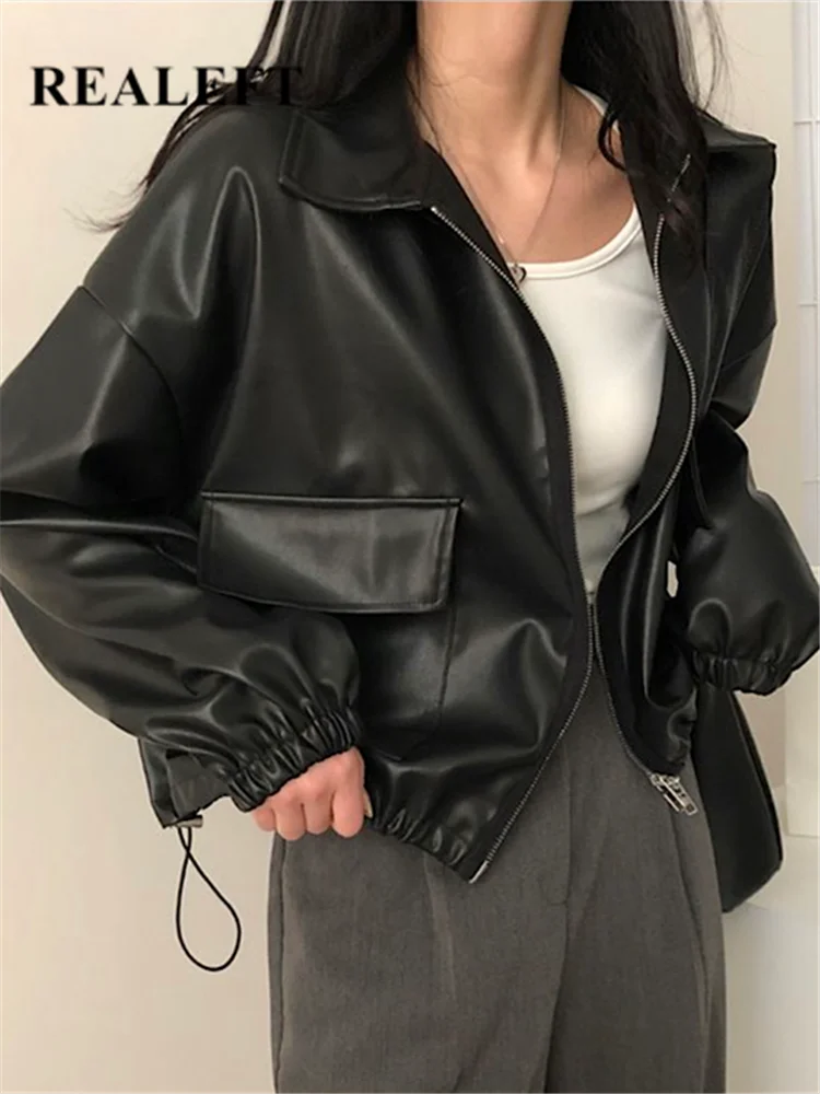 

REALEFT Autumn Winter Pockets PU Faux Leather Women's Jacket 2022 New Zipper Black Biker Jackets Loose Coat Female Outwear Tops