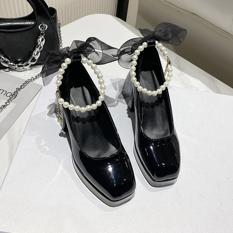 Super High Heel Single Shoes Autumn New Round Toe Shallow Mouth One Strap Platform Bow Non-slip Block Heel Shoes
