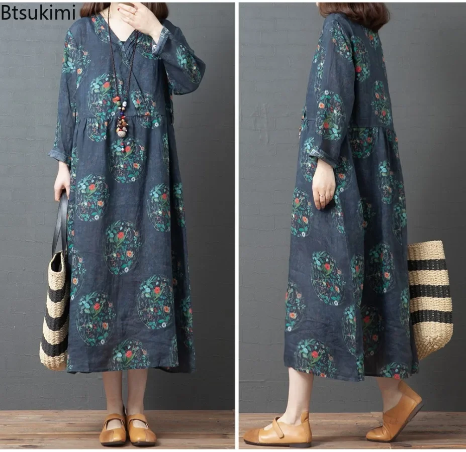 

Fashion Vintage Floral Printed Long Dresses for Women Comfort Casual Loose Linen Dress Elegant Women Clothes Large Size Vestidos