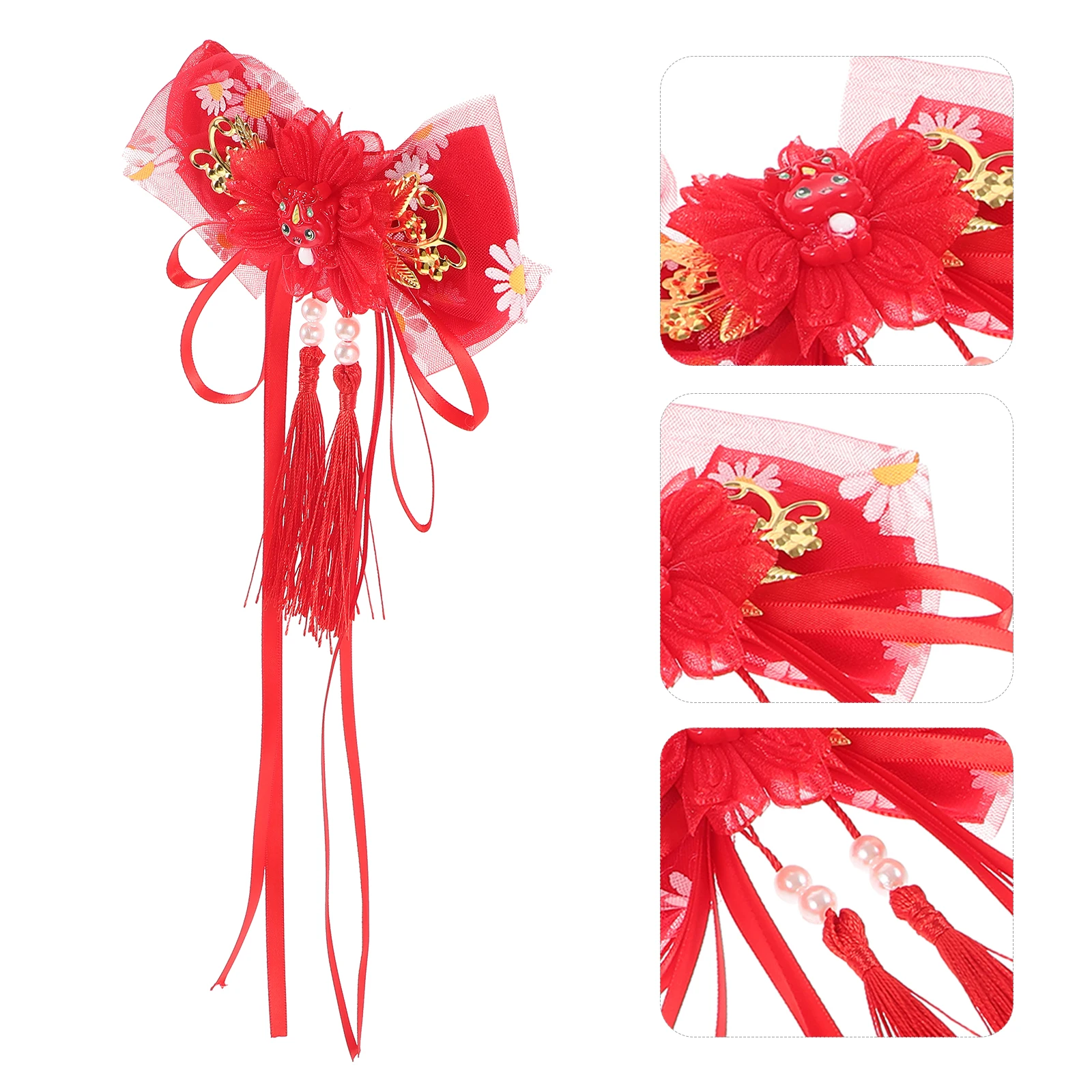 

Red Dragon Year Tassel Hair Clips for Girls Hanfu Chinese Style Accessories Big Ribbon Matching Dresses Jeans Jackets Skirts New