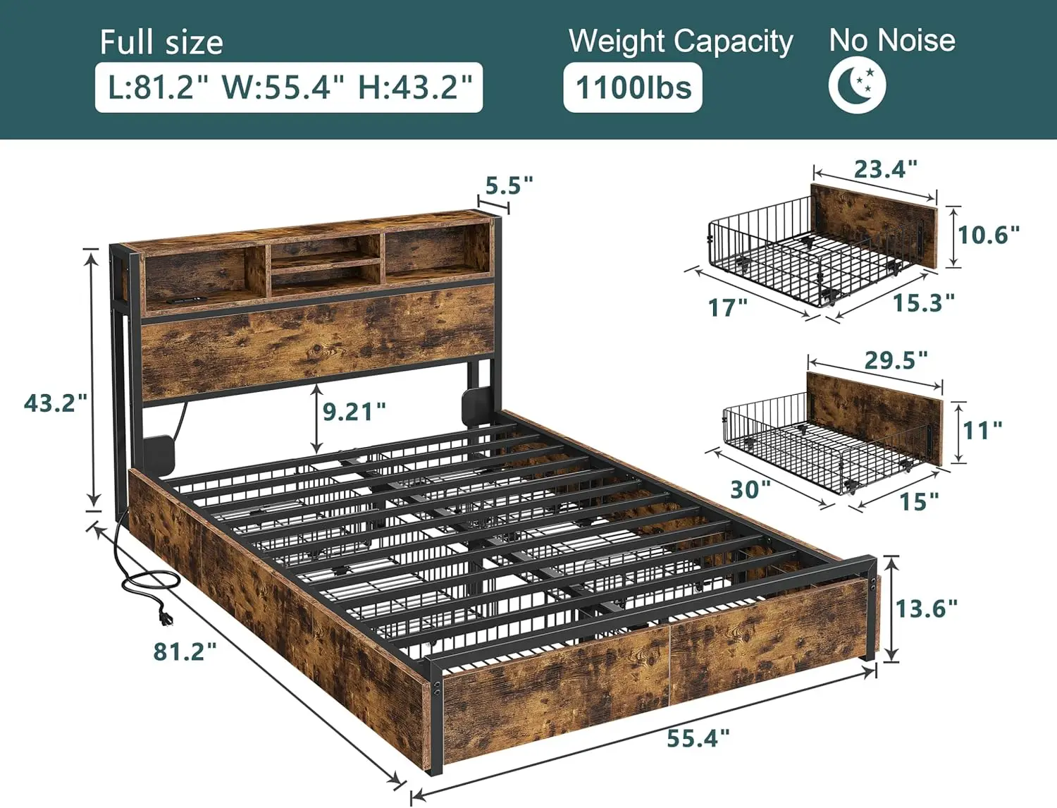 Volledig Bedframe Met 6 Opbergkasten, Full-Size Bedframe Met Hoofdeinde En Laadstation, Geluidsvrij