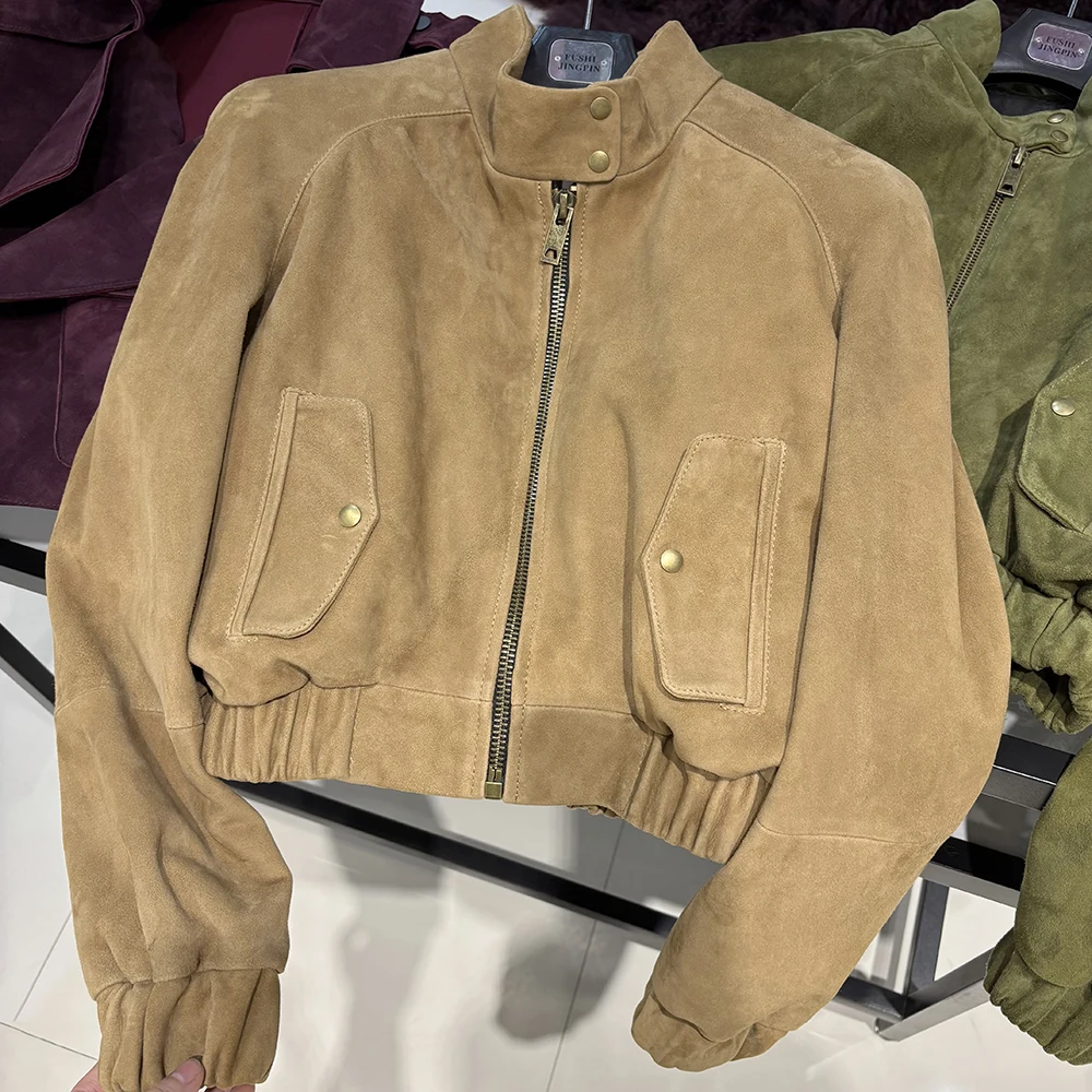 YOLOAgain Suede Leather Jacket Coat Women Real Leather Cropped Jacket Bomber Jacket