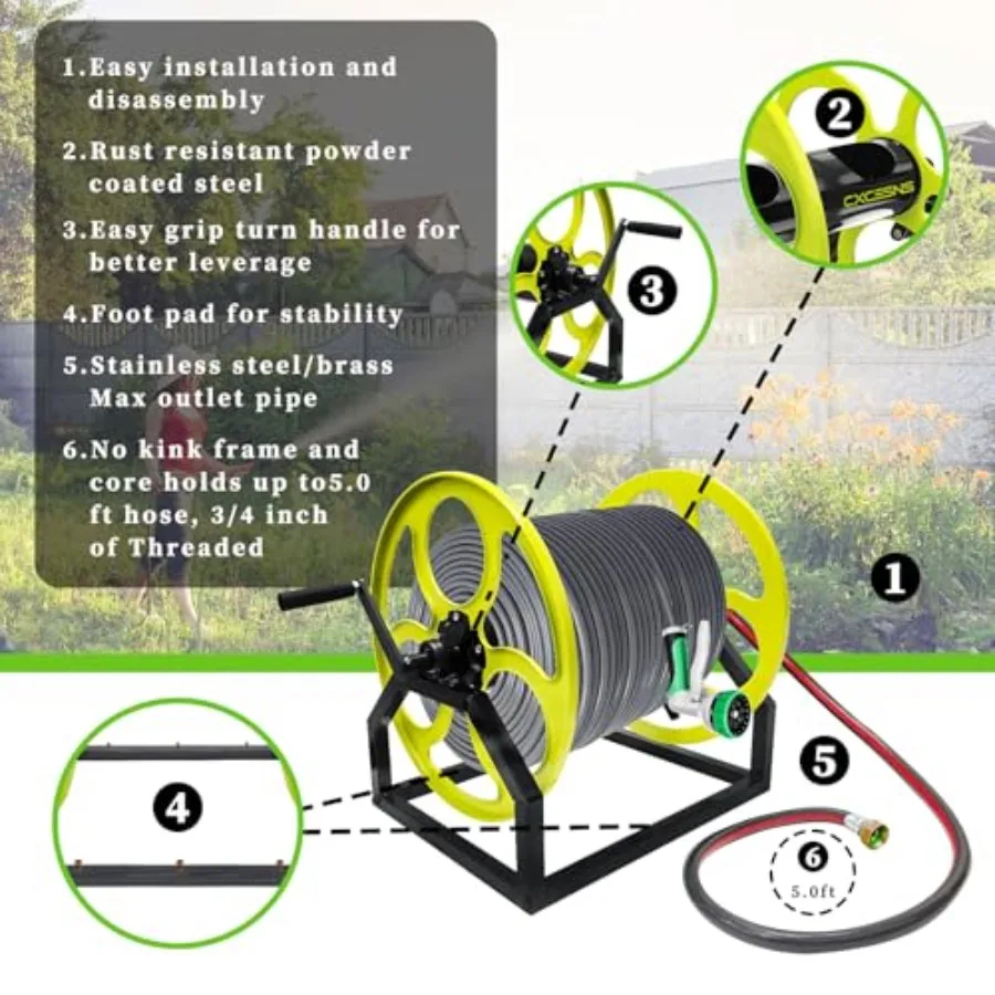 헤비 듀티 정원 호스 릴, 크랭크 핸들 포함, 5/8 호스용, 벽 또는 바닥 장착 가능, 금속 디자인, 최대 400피트 호스 수용 가능