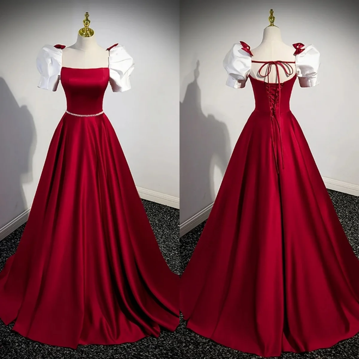 

Evening Dresses Burgundy Satin Square Collar Short Sleeves Pearl Lace up A-line Floor Length Plus size Women Party Formal Gowns