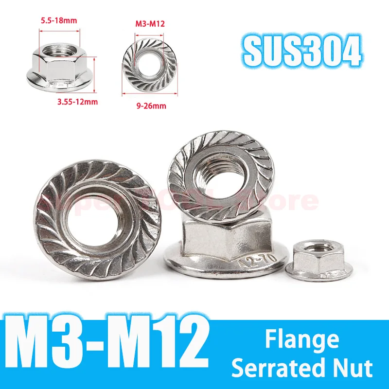 

1/10/20/50/100Pcs 304 Stainless Steel Serrated Flange Nut M3 M4 M5 M6 M8 M10 M12 Hex Flange Lock Nut Hardware Fastener