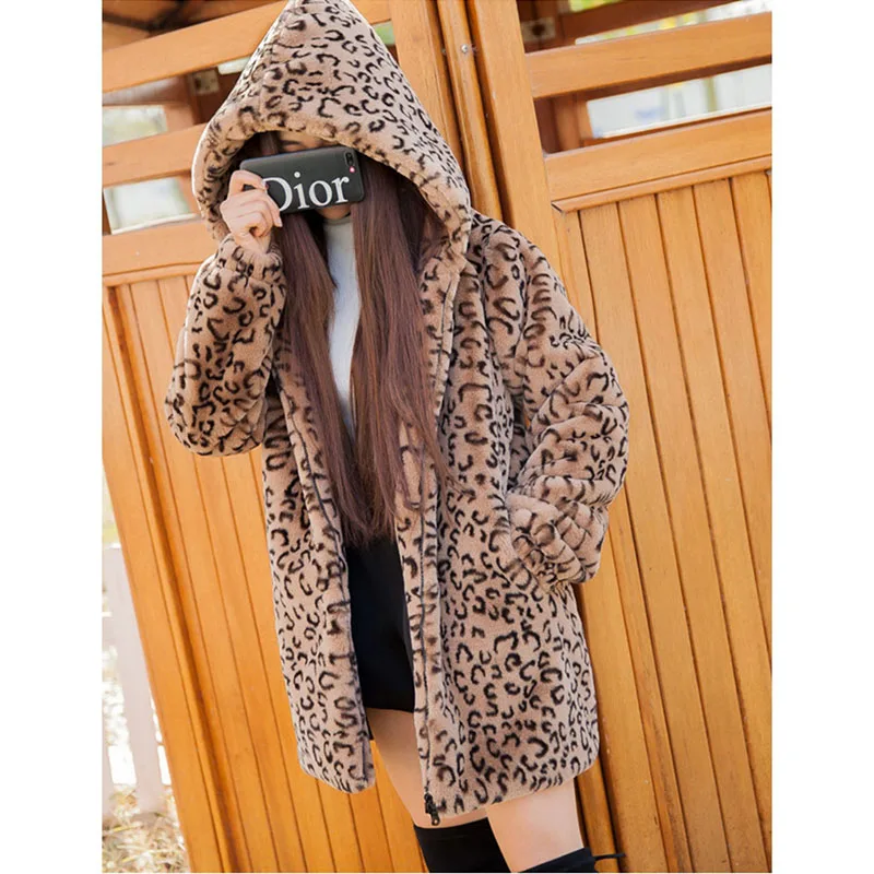 FemaleWinter Outwear New Imitation Fur Coat Overcoat Long Fashion Leopard Print Loose Leisure Hooded Women's Clothing Thickening