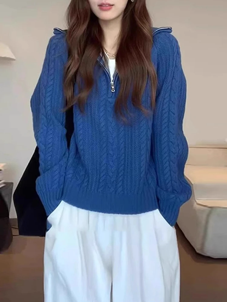 

Свободный вязаный синий свитер с поворотным воротником, женский осенне-зимний повседневный удобный свитер среднего размера, топ Faion Sensation