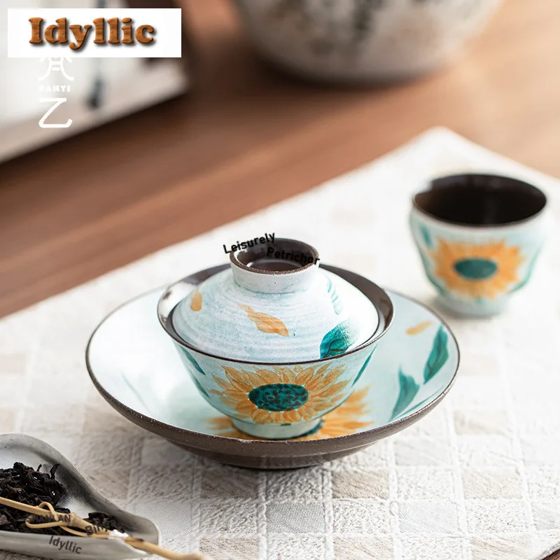 115ML Hand-painted Sunflower Threaded Gaiwan Japanese Tea Tureen Tea Bowl with Lid Kit Tea Brewing Cover Bowl for Tea Decoration