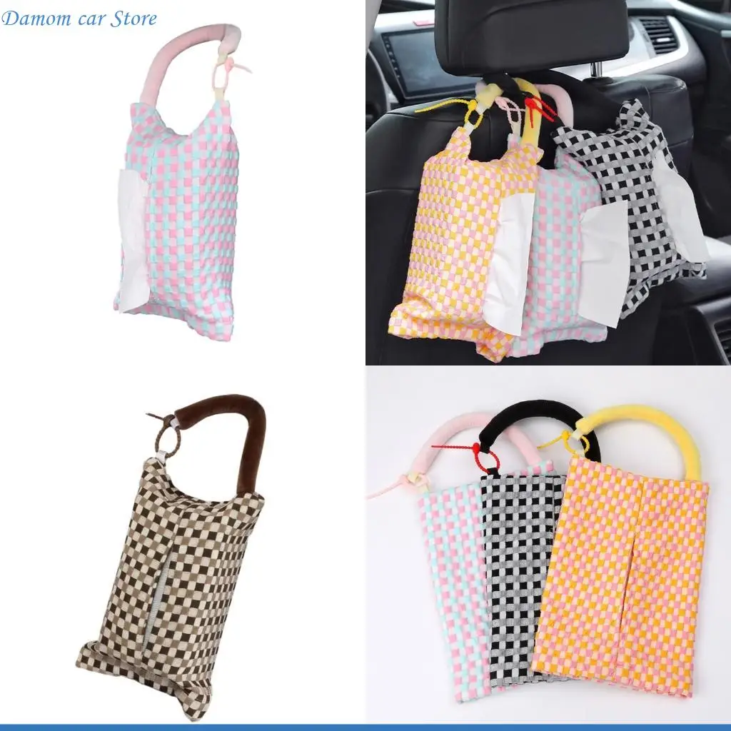 

A2UC Car Headrest Tissue Box Plaids Pattern Paper Case Auto Back Soft Tissue Dispenser Hanging Fabric Napkin Bag 25X17Cm