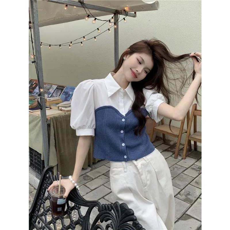 

Women's White And Denim Patchwork Blouse Puff Short Sleeve Collared Casual Top With Pearl Strap