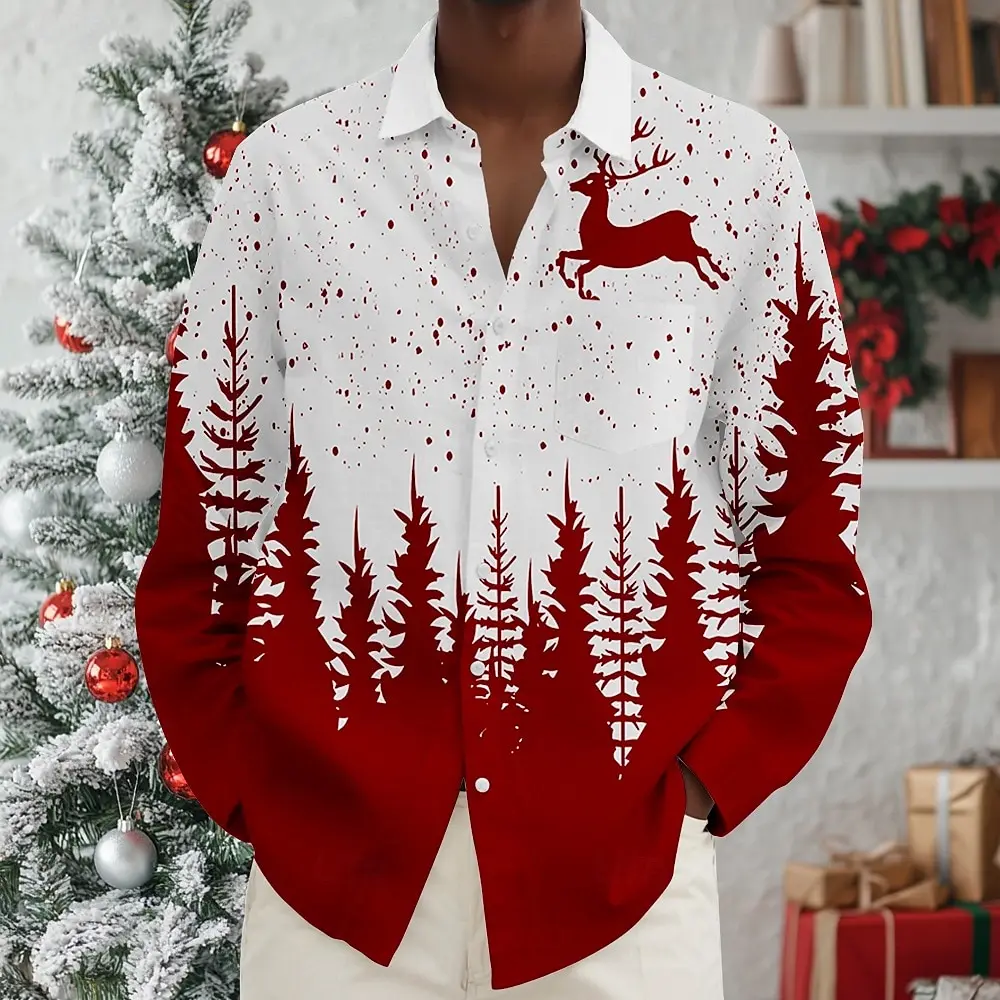 

Christmas Men's Shirt Autumn Long Sleeve Lapel Button Shirt Top Christmas Deer Print Gradient Color Oversized Shirts Men Clothes