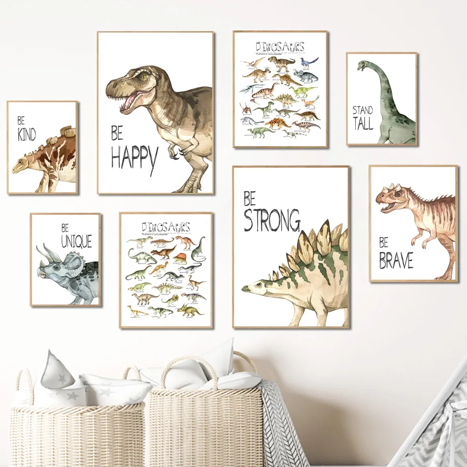 Arte de pared de animales prehistóricos de dinosaurio jurásico, pintura en lienzo, carteles nórdicos e impresiones, imágenes de pared, decoración Kawaii para habitación de niños