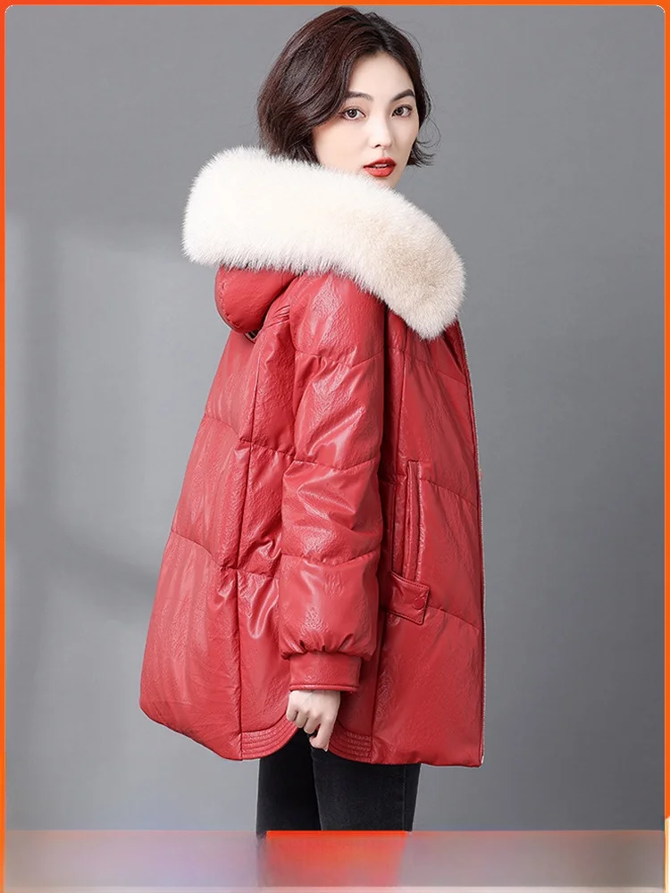   Cappotto in Vera Pelle di Pecora con Piumino Bianco da Donna Ning, Lunghezza Media, con Cappuccio, Vestibilità Ampia, Nuovo 2025