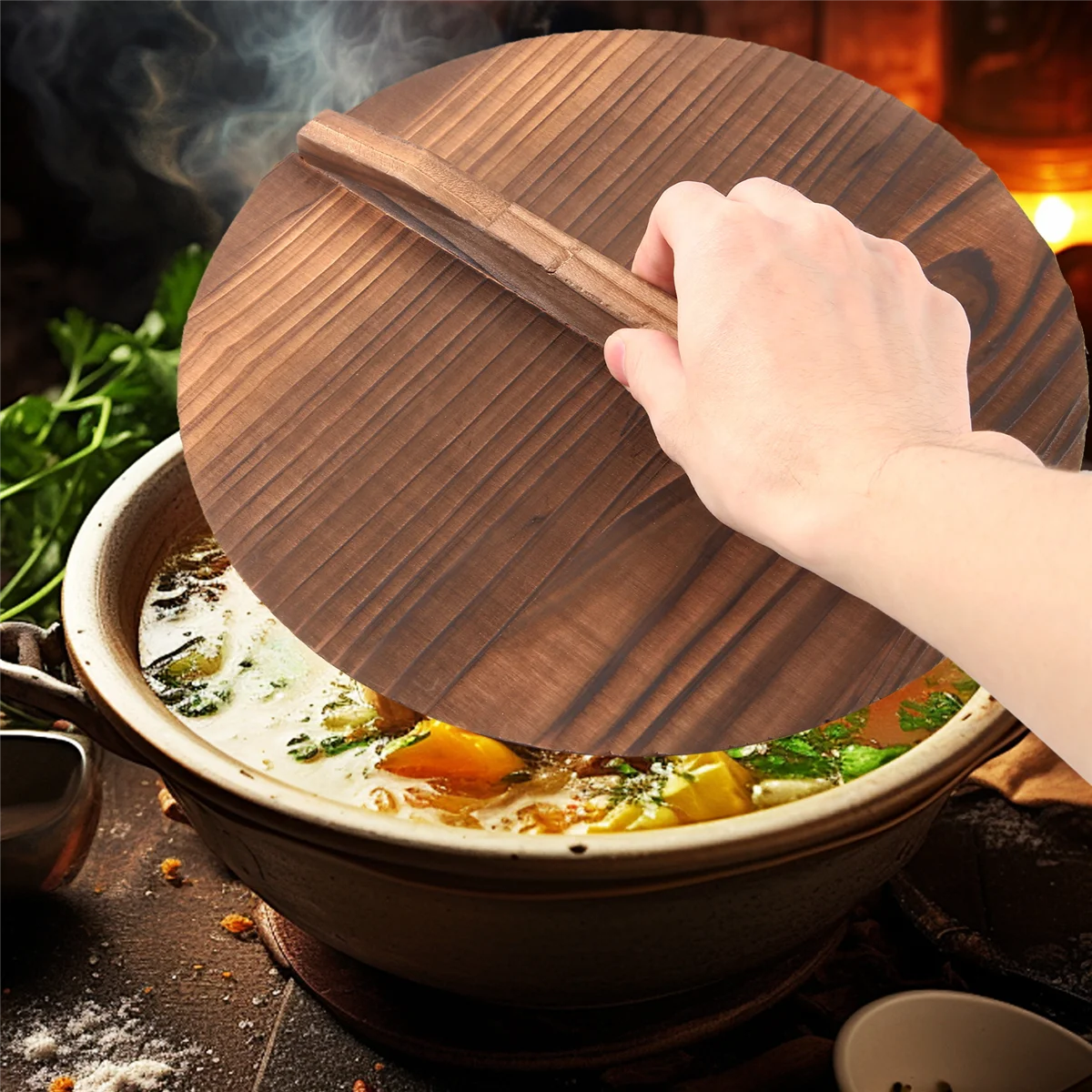 ABFKL Kitchen Multi-Functional Wooden Pot Cover Handle Pan Lid Eco-Friendly Anti-Scalding Wood Baking Pot Lids Cover 26cm