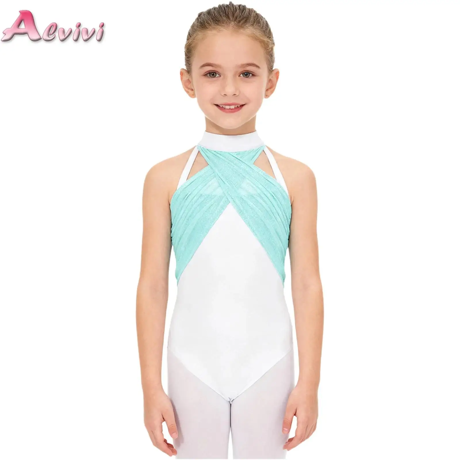 

Kids Girls Cross Ruched Shimmery Mesh Overlay Dance Leotard Lace Cutout Rhythmic Gymnastics Ballet Figure Skating Dance Jersey