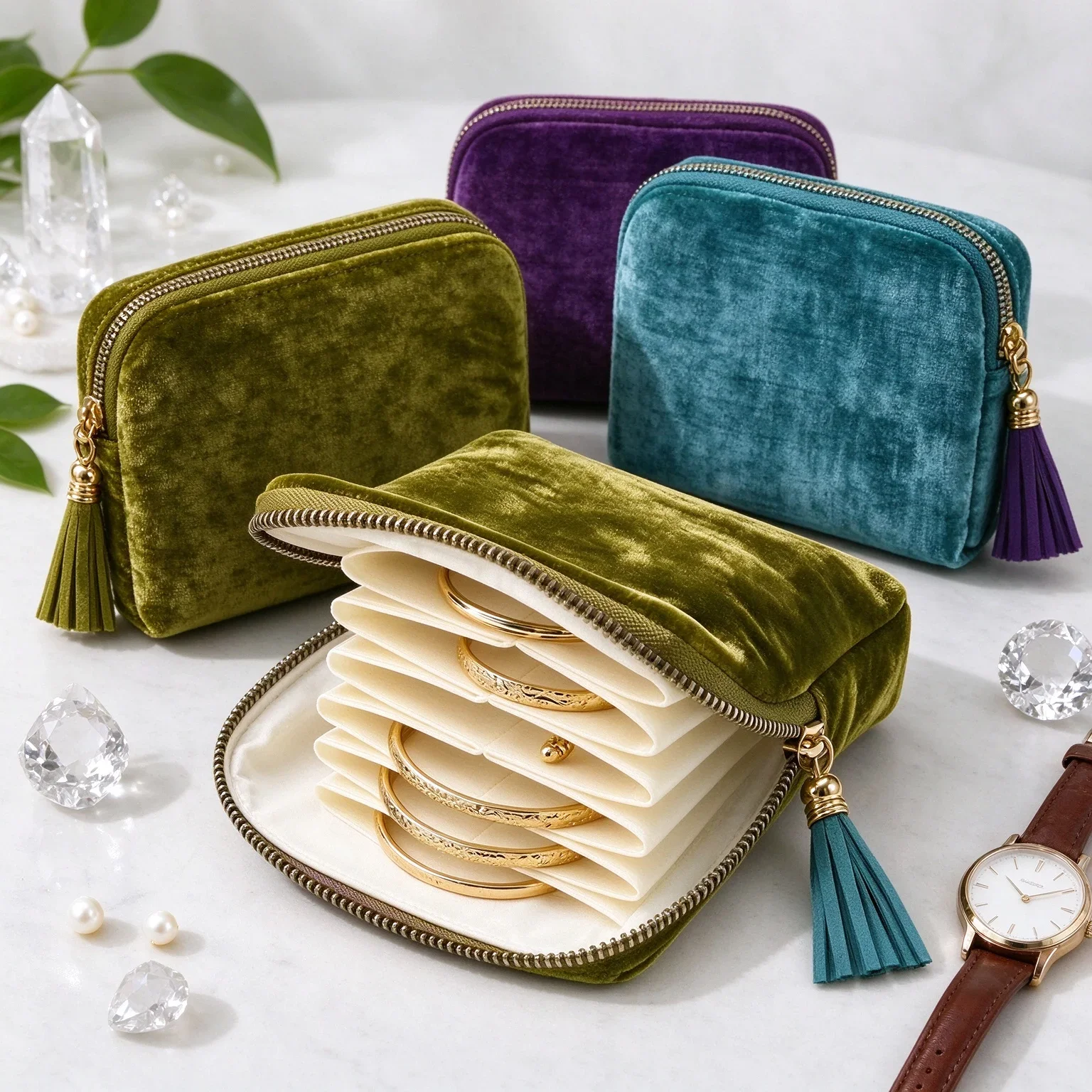Velvet Travel Jewelry Case Tassel Zipper Multi-layer Jewellery Pouch for Bracelets Bangle Earrings Rings Women Gift